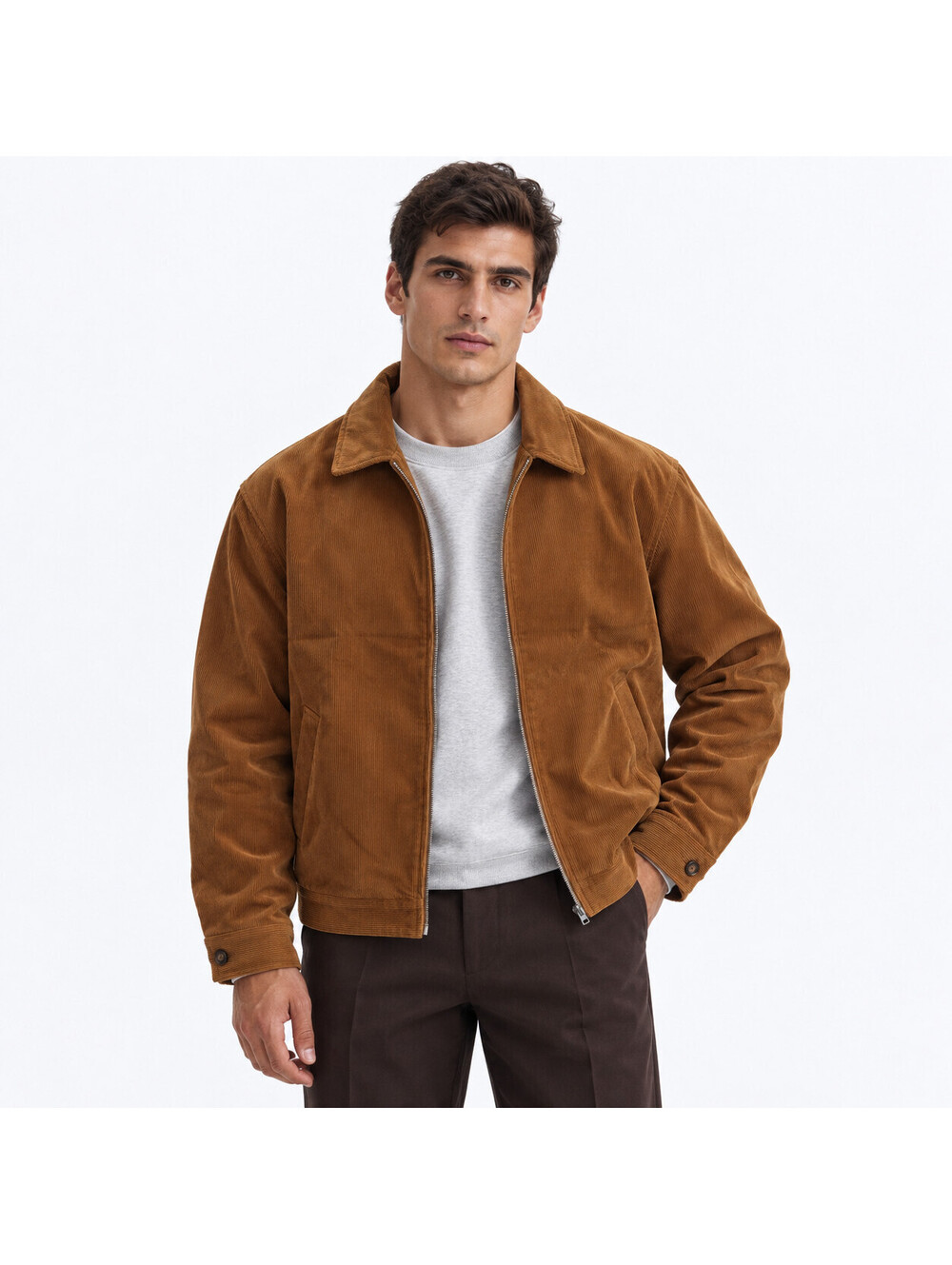 Mens Corduroy Zip Up Jacket XL Tobacco Brown Vintage Harrington Workwear Blouson